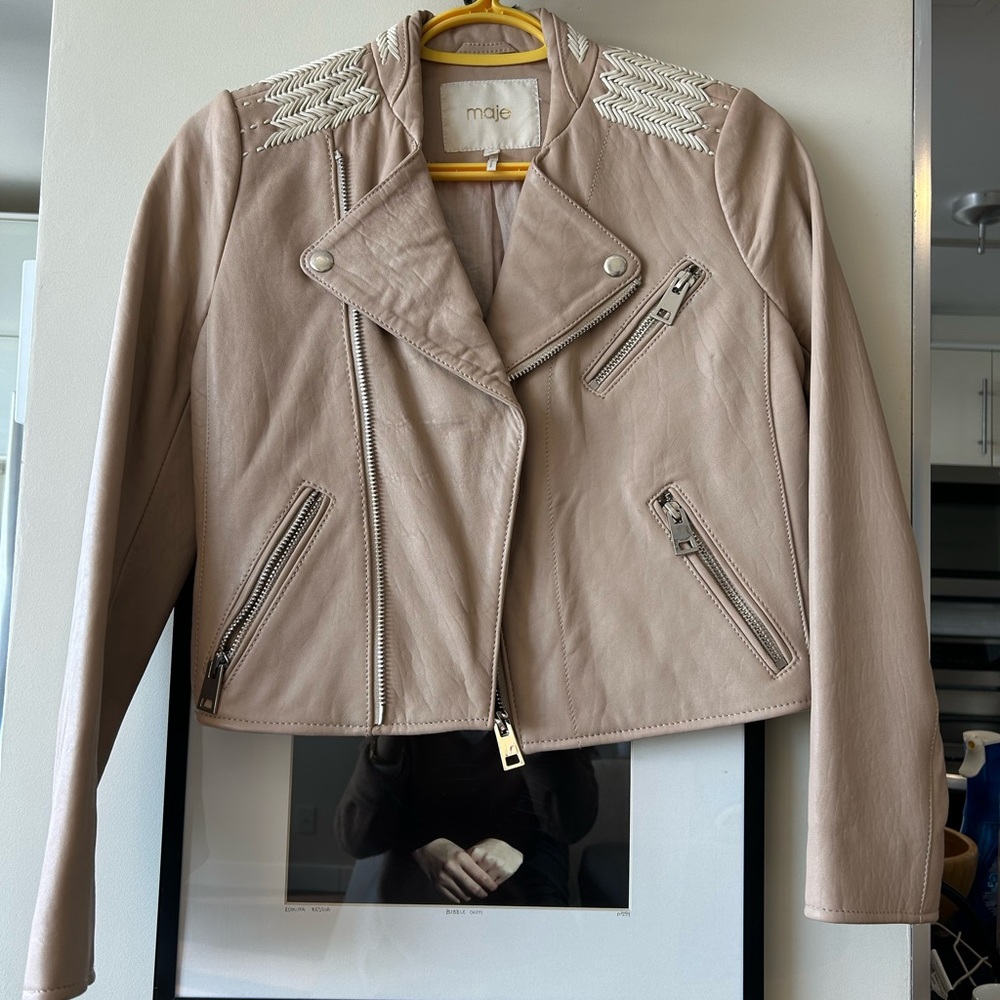 Maje Blush Pink Leather Moto Jacket with Braided Shoulder Detail